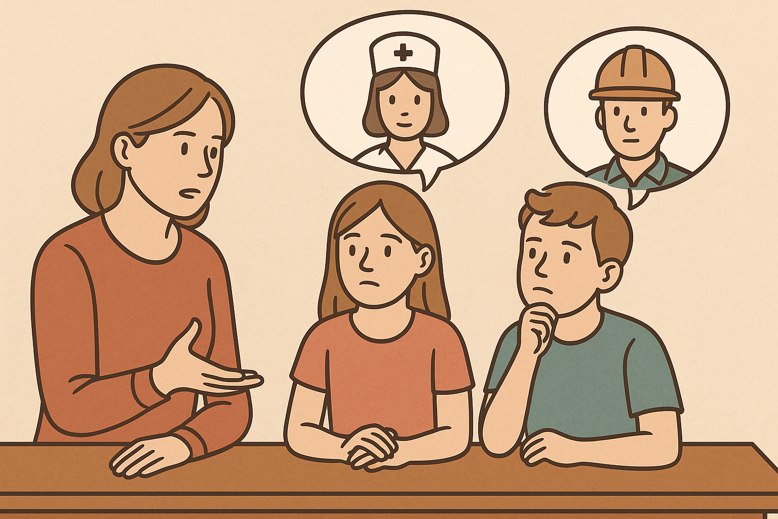 Eine Frau spricht mit 2 Kindern über Berufswahl