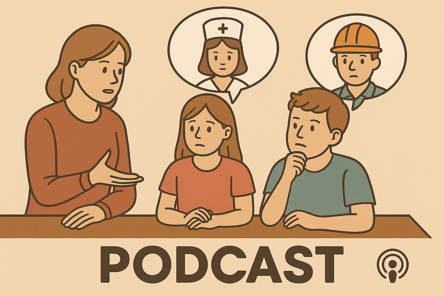 Eine Frau spricht mit 2 Kindern über Berufswahl. Darunter steht das Wort: Podcast