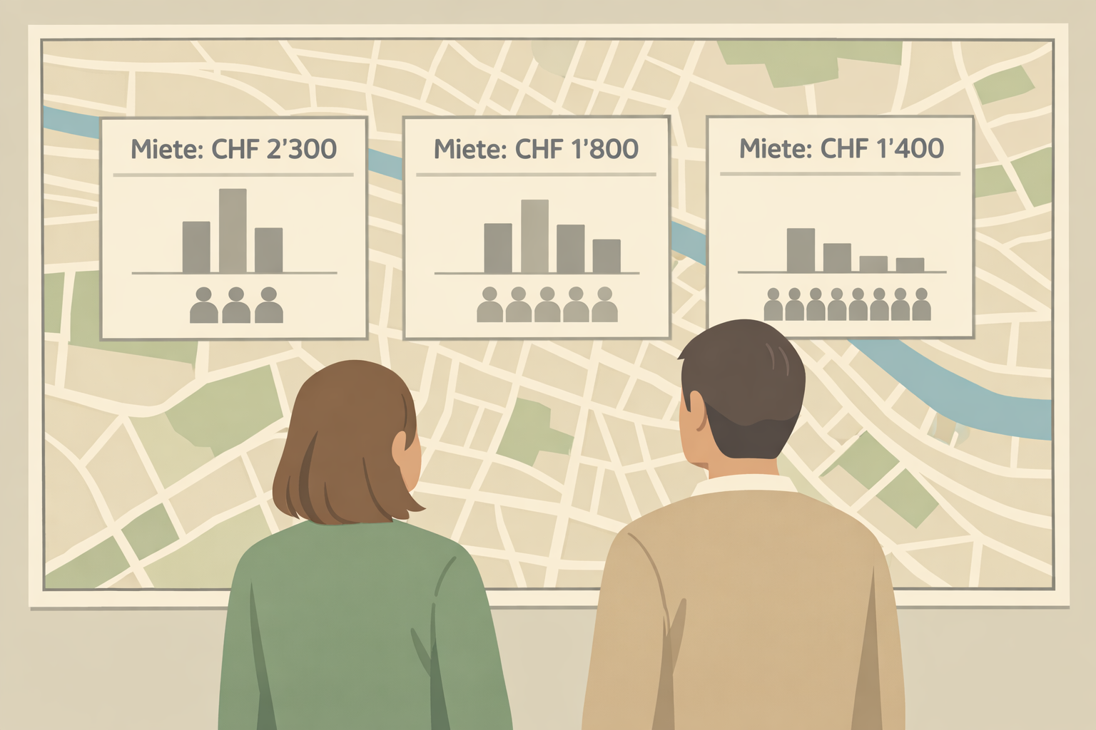 2 Personen stehen vor einem Stadtplan und vergleichen Wohnungen anhand von Miete und Schulqualität