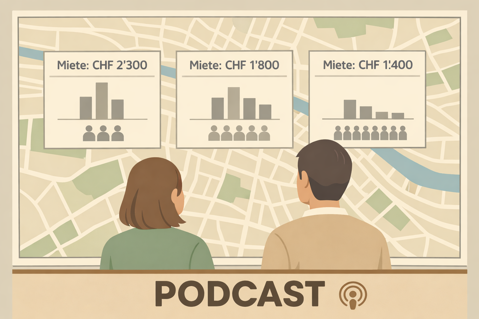 2 Personen stehen vor einem Stadtplan und vergleichen Wohnungen anhand der Mieten und der Schulqualitäten. Der Schriftzug Podcast weisst darauf hin, dass es sich um einen Podcast handelt.