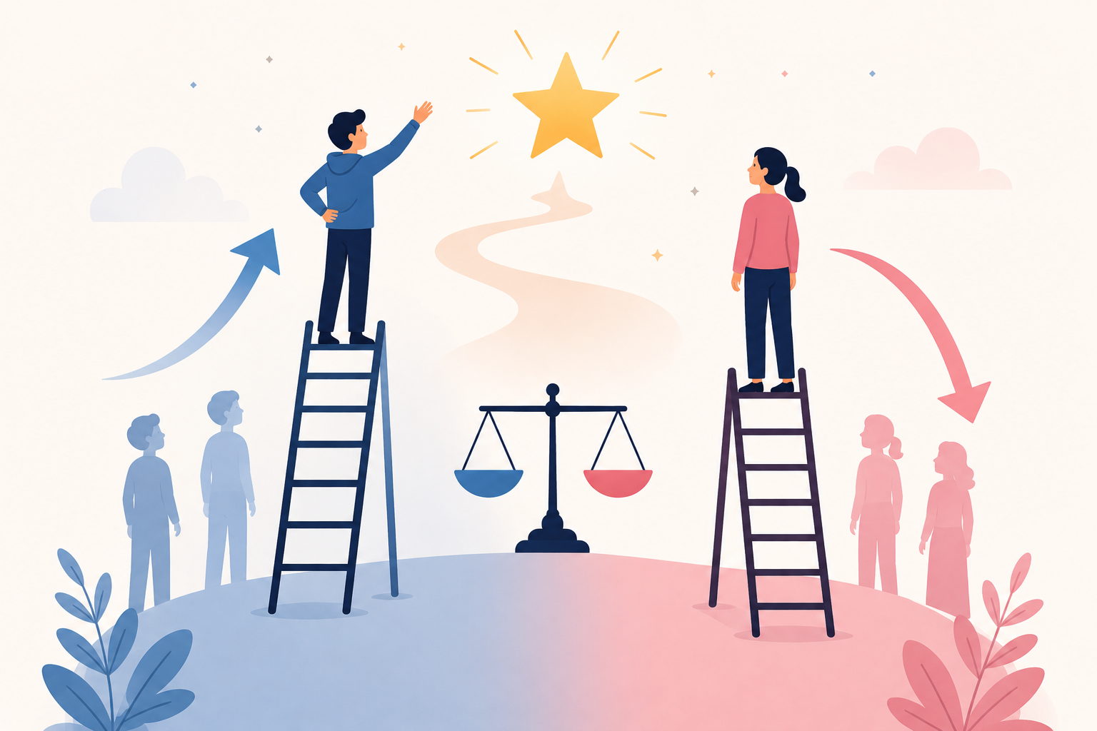 Stylized illustration of a man and a woman on separate ladders beneath a star, symbolizing how peer ranking can shape ambition and future aspirations differently by gender.